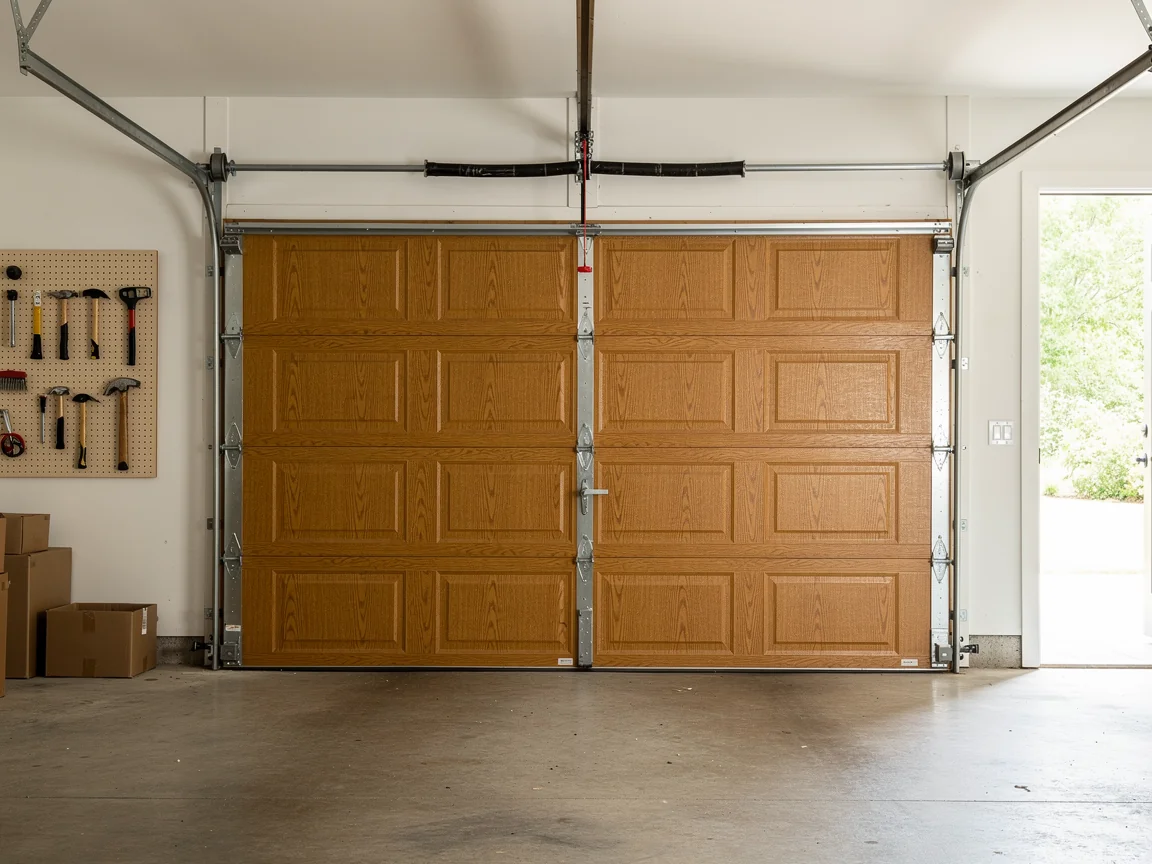 A closed wooden garage door with a torsion spring and tracks is inside a garage.
